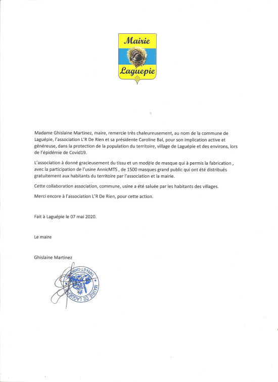 Lettre de remerciement mairie de Laguépie 7 Mai 2020